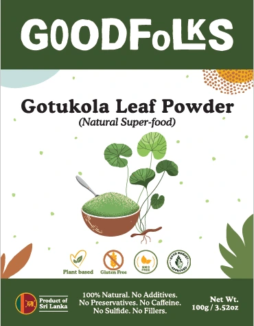 Goodfolks Gotukola Leaf Powder 100g pouch, natural vegan gluten-free cognitive support.
