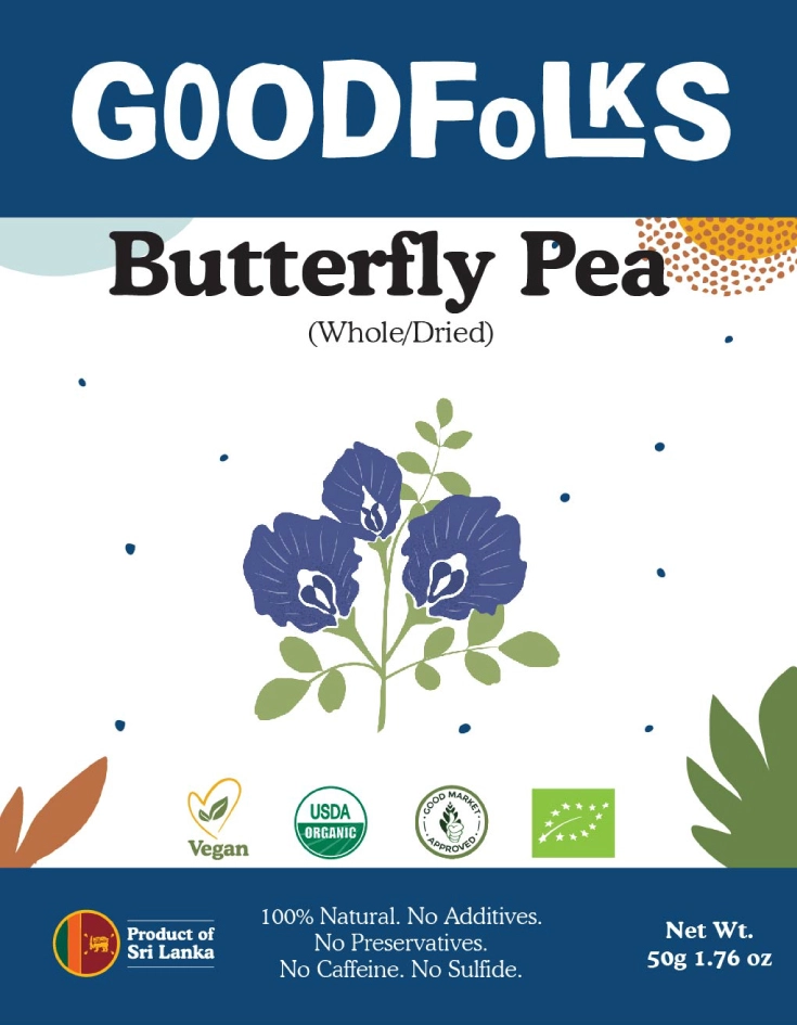 Goodfolks Organic Butterfly Pea Dried Whole Flowers 30g pouch, USDA Organic vegan.