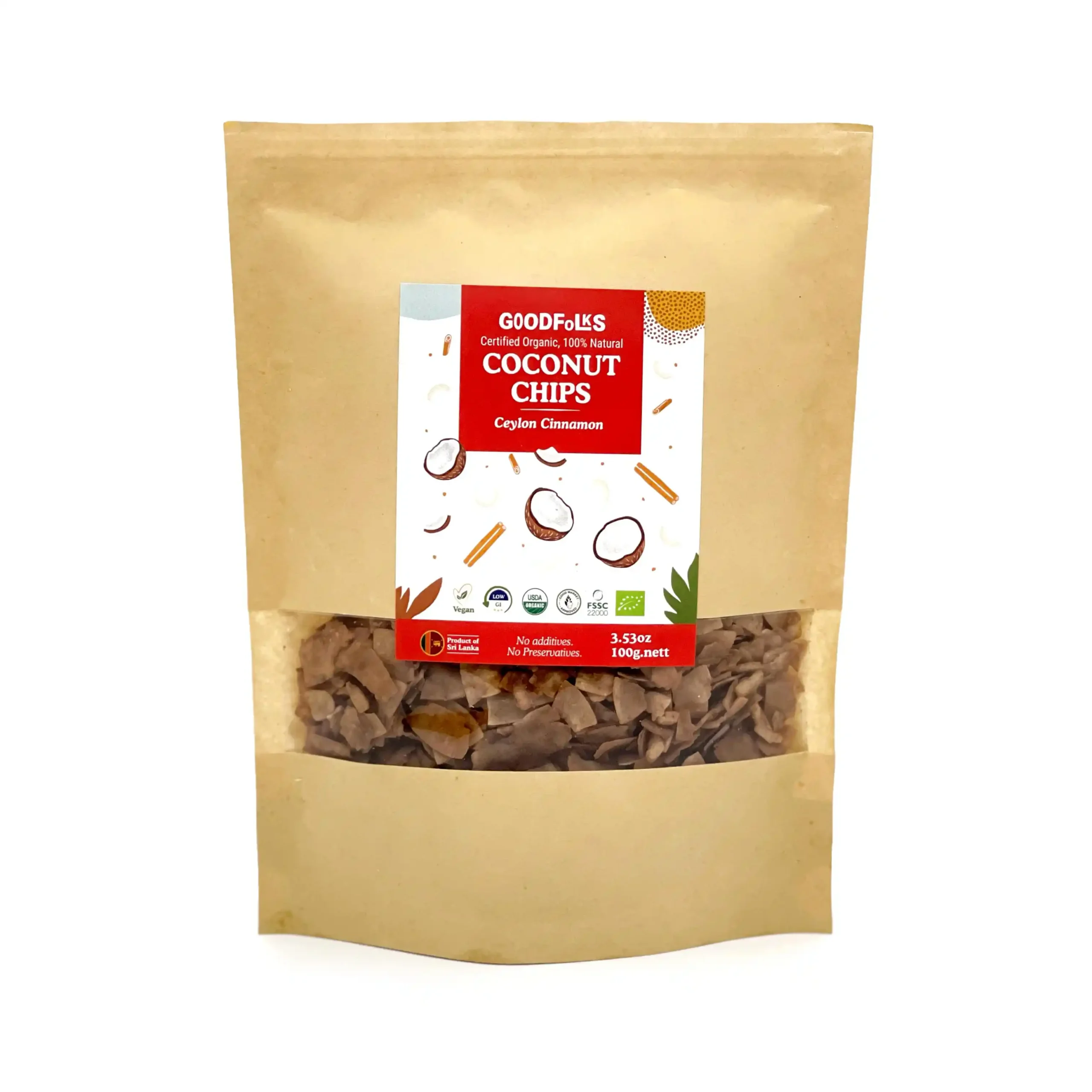 Goodfolks Organic Ceylon Cinnamon Coconut Chips 100g pouch, vegan gluten-free USDA Organic.